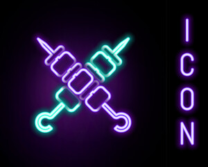 Glowing neon line Crossed grilled shish kebab on skewers stick icon isolated on black background. Meat kebab on skewers stick. Picnic with grill meat. Colorful outline concept. Vector