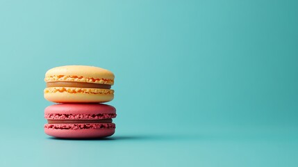 A stack of two macarons on a blue background.