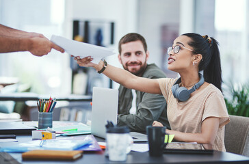 Business people, collaboration and paperwork in web design, brainstorming or office strategy....