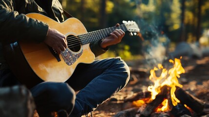 Musician playing guitar while sitting by a campfire in the wilderness, spirit of outdoor adventure and music