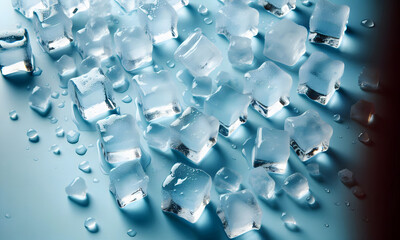 Fototapeta premium Eiswürfel auf hellblauem Hintergrund, copy space