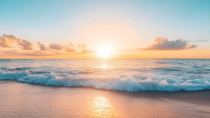 Obraz premium A serene sunrise casting a warm glow over a calm ocean, symbolizing new beginnings and the promise of fresh starts as the first light touches the tranquil waters 
