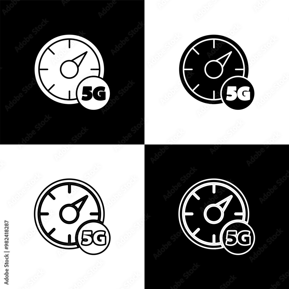 Poster set digital speed meter concept with 5g icon isolated on black and white background. global network 