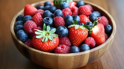 A vibrant assortment of colorful berries, including strawberries, blueberries, and raspberries, carefully arranged in a wooden bowl, highlighting their richness in antioxidants and benefits 