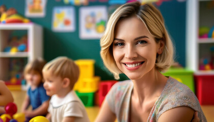 Obraz premium Kindergärtnerin im Kindergarten