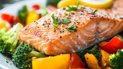 Close-up of a tender salmon fillet paired with a colorful assortment of steamed vegetables, showcasing a nutrient-dense meal rich in omega-3s, promoting brain health and well-being 