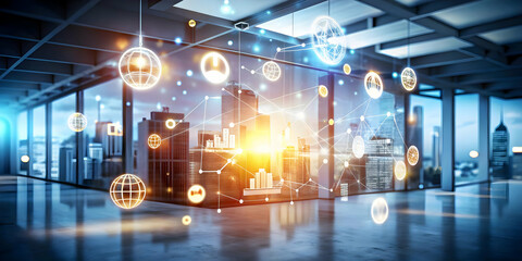 Obraz premium Glowing Business Abstract Design with Floating Icons - Dynamic Digital Art for Promotions, Retail Ads & Marketing Campaigns