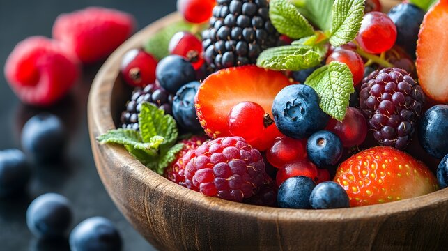 Close-up of a variety of fresh, colorful berries in a rustic wooden bowl, emphasizing their antioxidant properties and focus on promoting brain health and overall well-being 