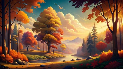 Obraz premium Retro nature scene depicting a vibrant fall landscape warm color palette nostalgic atmosphere falling leaves
