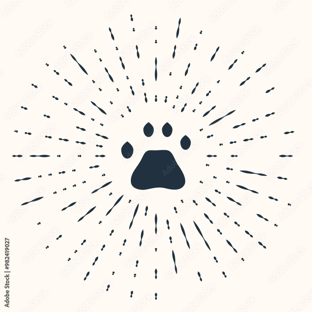 Poster grey bear paw footprint icon isolated on beige background. abstract circle random dots. vector