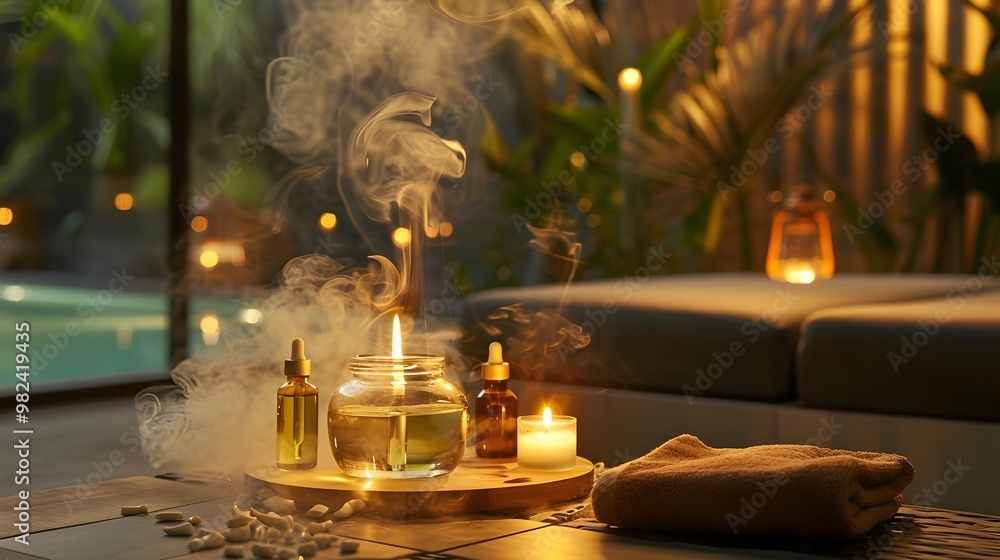 Poster luxurious spa setting with essential oils diffusers and soft ambient lighting for relaxation and wel