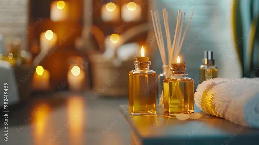 Aufkleber luxurious spa setting with essential oils diffusers and soft ambient lighting for relaxation and wel