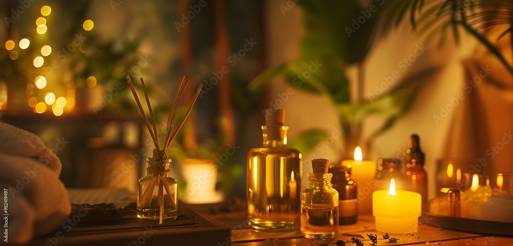 Poster luxury spa setting with essential oils diffusers and ambient lighting for relaxation and rejuvenatio
