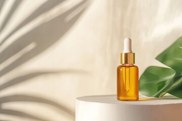 Serum oil vitamin C pipette dropper bottle on white podium copy space skin care beauty product. Anti aging antioxidant beauty serum vitamin C natural cosmetic