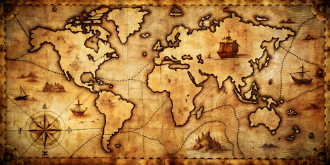 Old pirate map with faded lines, weathered edges, and ancient symbols