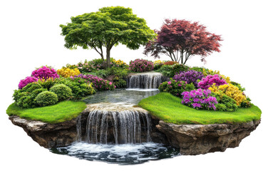 PNG Real flat floating island waterfalls flowers landscape.