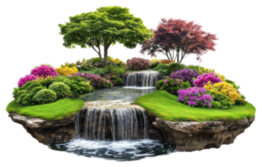 PNG Real flat floating island waterfalls flowers landscape.