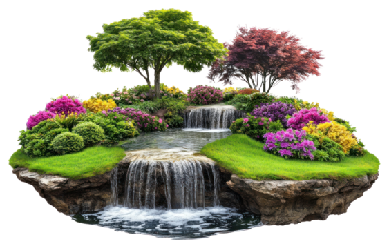 PNG Real flat floating island waterfalls flowers landscape.