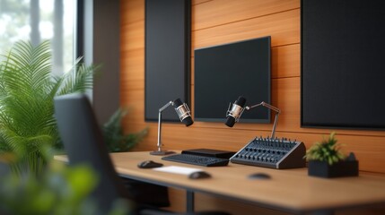 Podcast room with a clean setup, including microphones, headphones, and soundproof walls, ideal for a professional podcasting environment.
