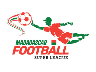 Madagascar football league, Soccer ball, Football logo, Footballer jump isolated on white background, Vector Illustration