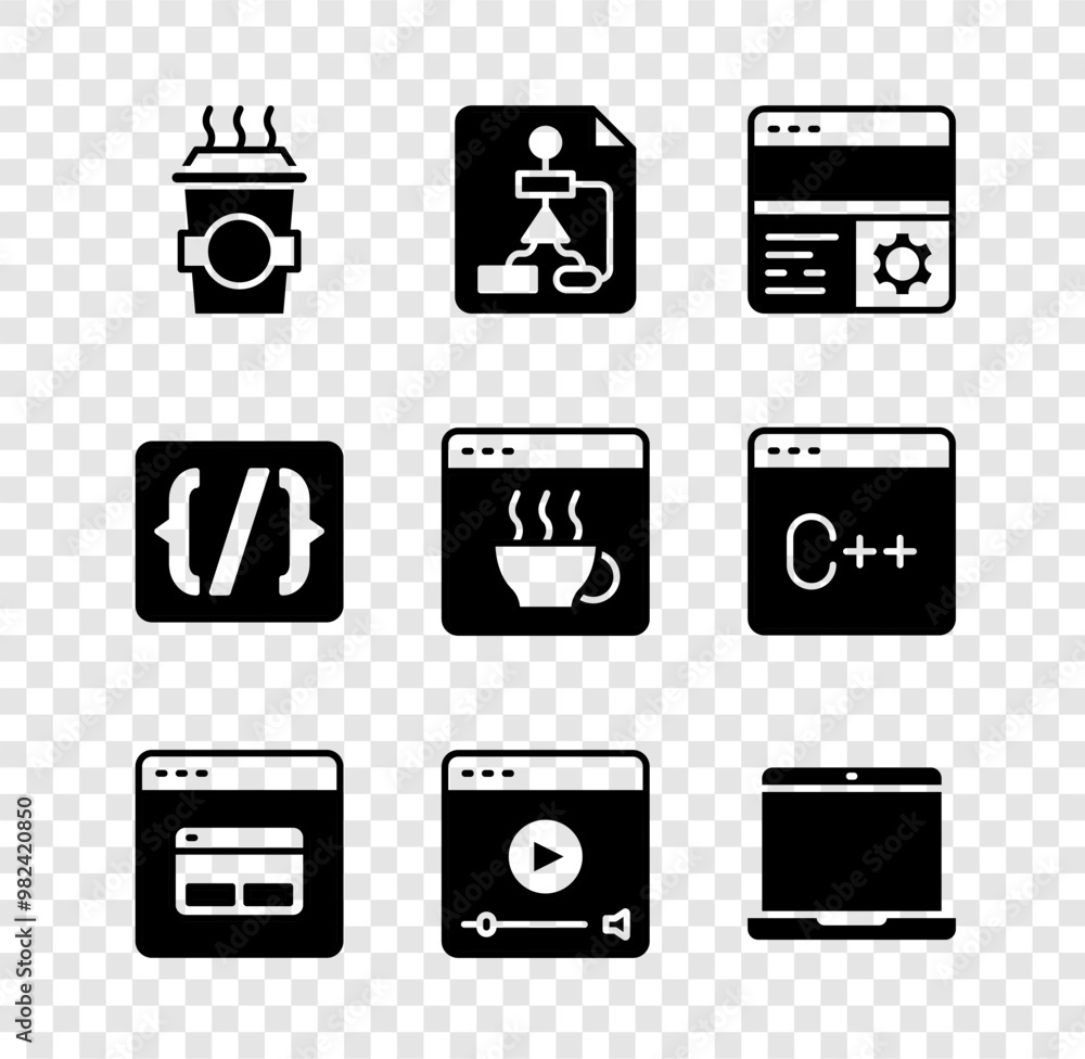 Poster set coffee cup to go, flowchart, debugging, search engine, online play video, laptop, programming la