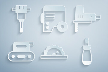 Set Electric circular saw, jigsaw, planer tool, Screwdriver, Power electric generator and Construction jackhammer icon. Vector