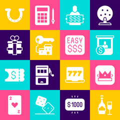 Set Champagne bottle with glass, King playing card, Casino chips exchange, Winner holding prize ticket, Winning house key, Gift box, Horseshoe and Money casino icon. Vector