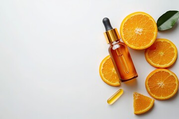 Vitamin C serum in cosmetic bottle with dropper and slice of orange on white background. Organic SPA cosmetics with herbal ingredients
