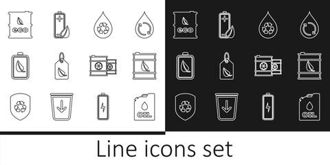 Set line Canister machine oil, Bio fuel barrel, Recycle clean aqua, Tag with leaf, Eco nature and battery, Radioactive waste and icon. Vector