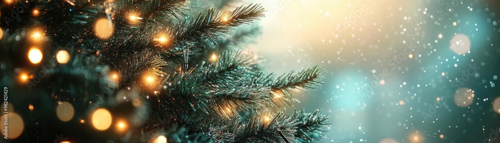 Poster a serene christmas scene featuring twinkling lights on a pine tree, creating a warm, festive atmosph