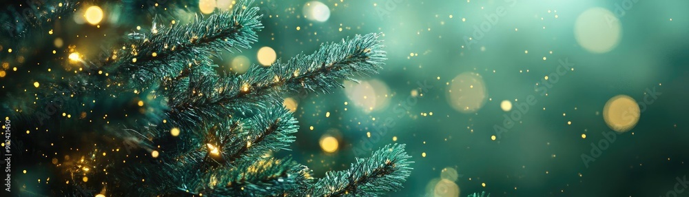 Poster enchanting bokeh lights shimmer amidst a festive evergreen backdrop, creating a magical holiday atmo