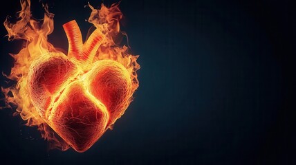 Neon heart on fire, with flickering red and orange lights, creating a dynamic and passionate visual on a dark background