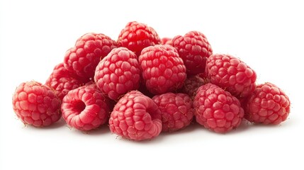 A bunch of ripe red raspberries, arranged in a small cluster on a white background. The soft texture of the berries creates natural shadows and highlights.