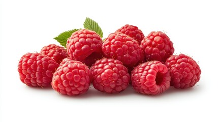 A bunch of ripe red raspberries, arranged in a small cluster on a white background. The soft texture of the berries creates natural shadows and highlights.