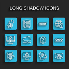 Set line Server security with key, Cryptocurrency, Ringing alarm bell, Mail message lock password, Network cloud connection, Password protection and Shield dollar icon. Vector