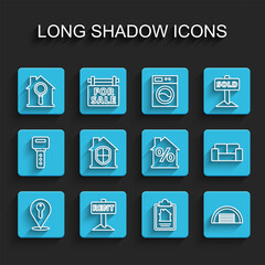 Set line Location key, Hanging sign with Rent, Search house, House contract, Garage, under protection, Sofa and percant discount icon. Vector