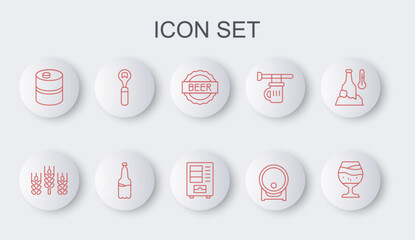 Set line Glass of beer, Wheat, Bottle cap with, Wooden barrel on rack, Metal keg, opener, Plastic bottle and Vending machine icon. Vector