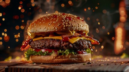 Delicious Cheeseburger with Bacon and Sesame Seed Bun.