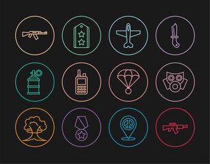 Set line M16A1 rifle, Gas mask, Plane, Walkie talkie, Hand smoke grenade, Submachine gun, Parachute and Military rank icon. Vector