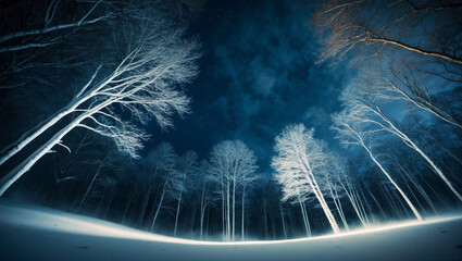 Naklejka premium A dramatic low-angle shot of a snow-covered forest at night