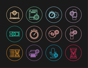 Set line Old hourglass with sand, Wrist watch setting, Time management, Stopwatch, Fast payments, Laptop, CD or DVD disk and Oven icon. Vector