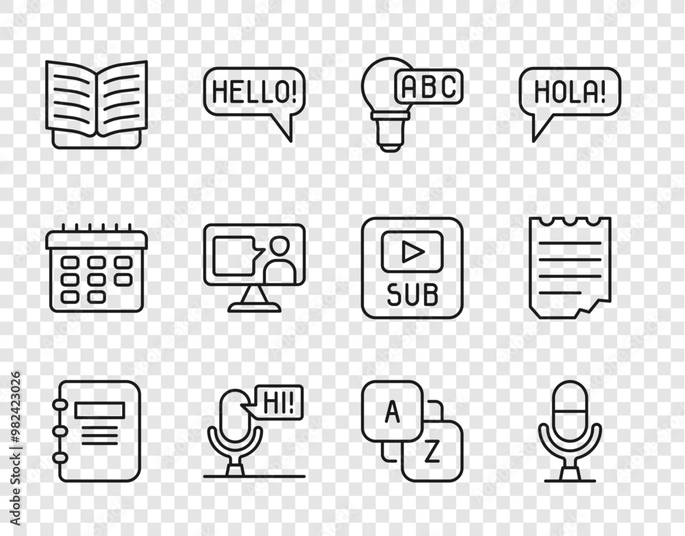 Poster set line notebook, microphone voice device, creative lamp light idea, open, foreign language online 