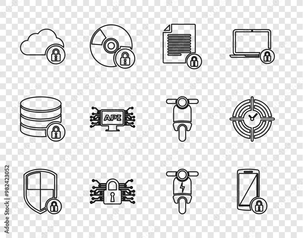 Poster set line shield security with lock, smartphone, document and, cyber, cloud computing, computer api i
