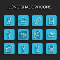 Set line Kettle with handle, Kitchen whisk, Blender, Wine glass, Barbecue grill, Cooking live streaming, Covered tray of food and timer icon. Vector