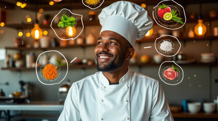 A happy chef reflects on various fresh ingredients and spices, surrounded by a cozy restaurant ambiance filled with warm lights and culinary creativity
