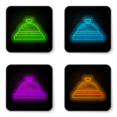 Glowing neon line Hotel service bell icon isolated on white background. Reception bell. Black square button. Vector