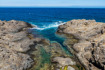 Rocky cliffs in Collioure, Cotlliure, France,