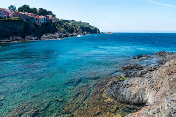 Rocky cliffs in Collioure, Cotlliure, France,