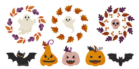 Hello Autumn hand drawn set individual elements. Fall leaves, pumpkin, cat, bat, wreath, spook, skull. Harvest time. Colored trendy vector illustration. Autumn floral stickers.