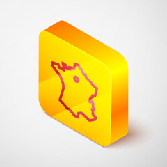Isometric line Map of France icon isolated on grey background. Yellow square button. Vector